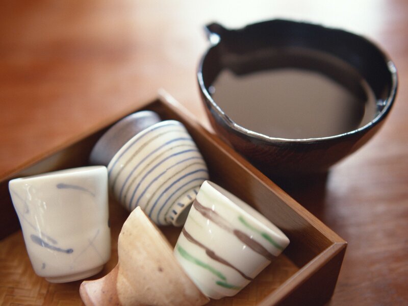 Japanese tea set on wooden tray