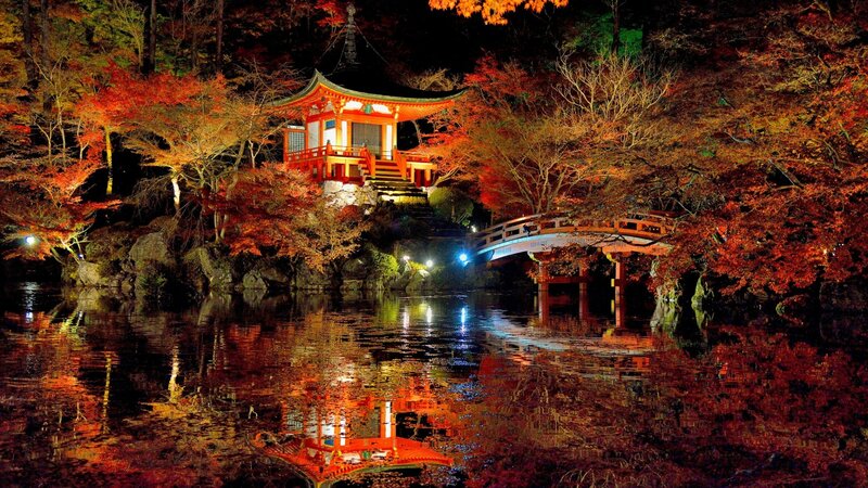 Japanese Temple at Night — Red, Serene