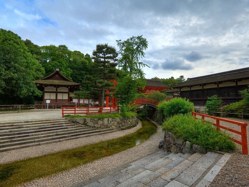 Japanese temple garden with red bridge