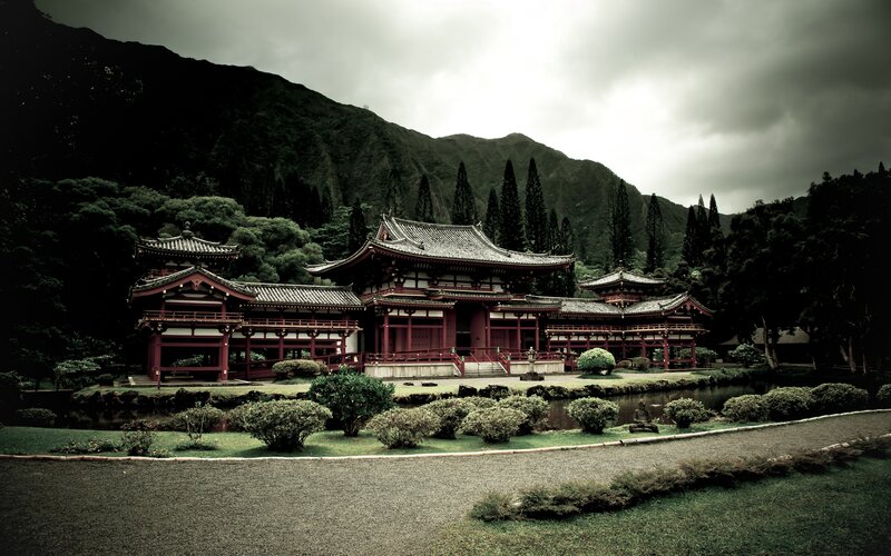 Japanese temple in a lush valley