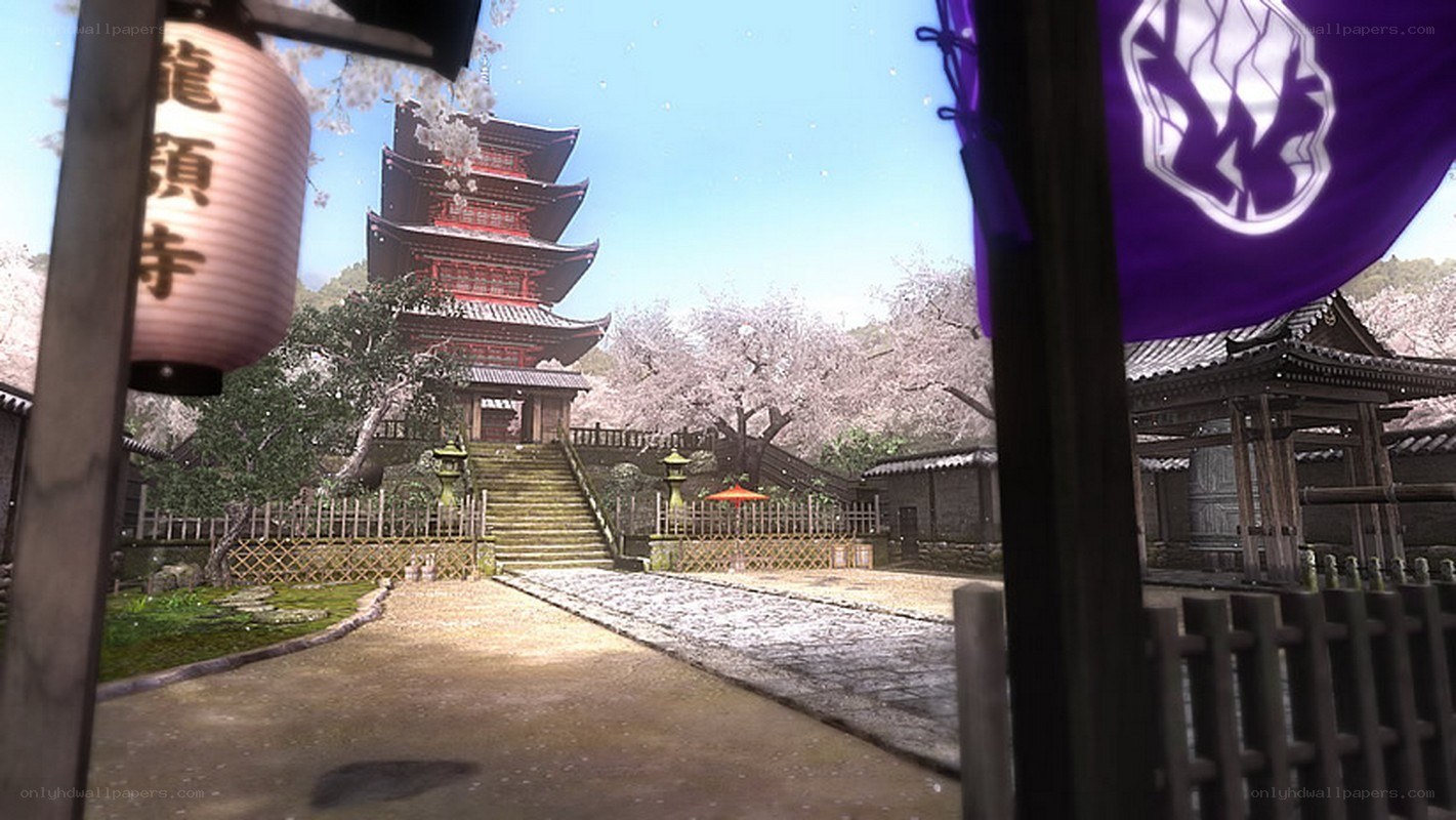 Japanese temple with cherry blossoms