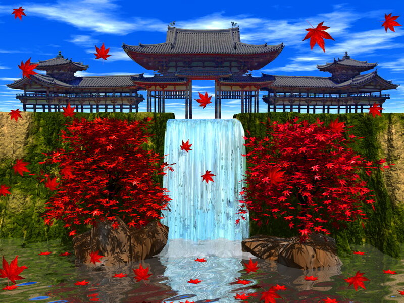 Japanese Temple with Waterfall