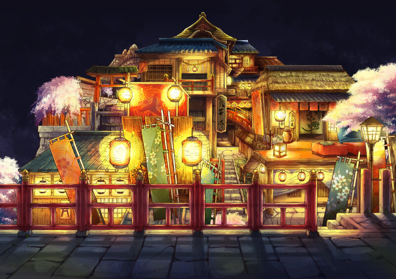 Japanese Village at Night — Yellow