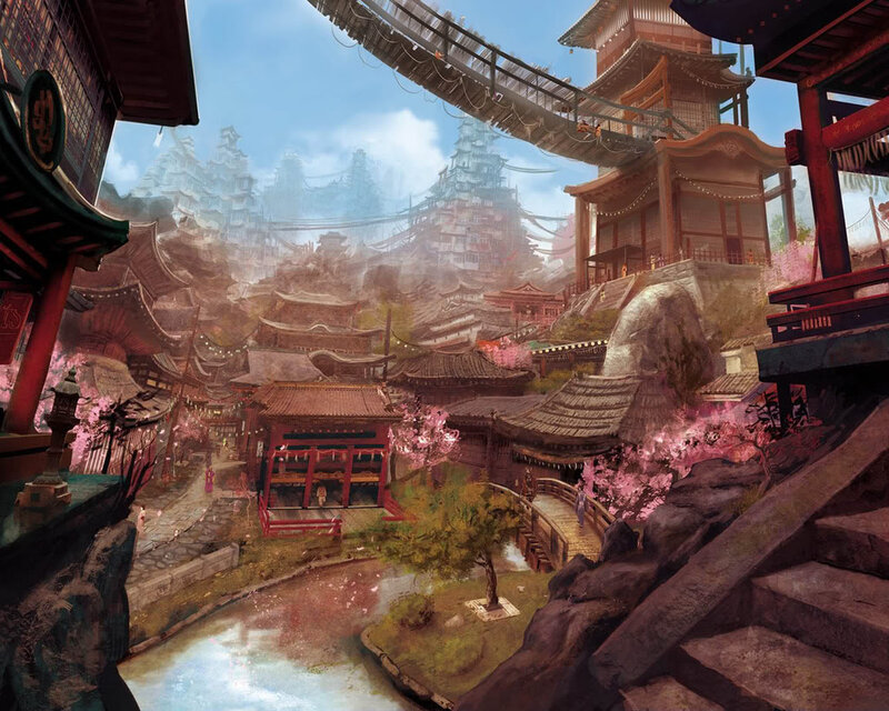 Japanese Village with Cherry Blossoms