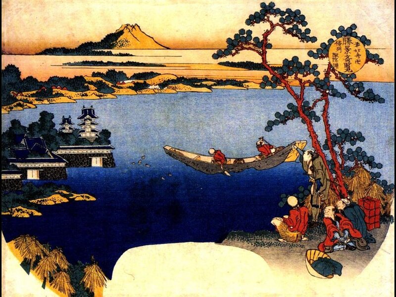 Japanese woodblock print of a river scene
