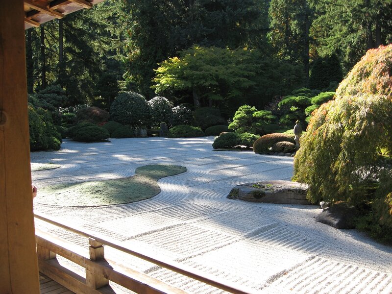Japanese Zen garden with raked gravel