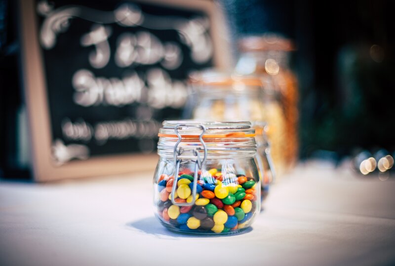 Jar of Colorful Candies — White, Calm, Photograph