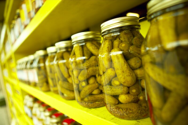 Jars of pickles on a shelf