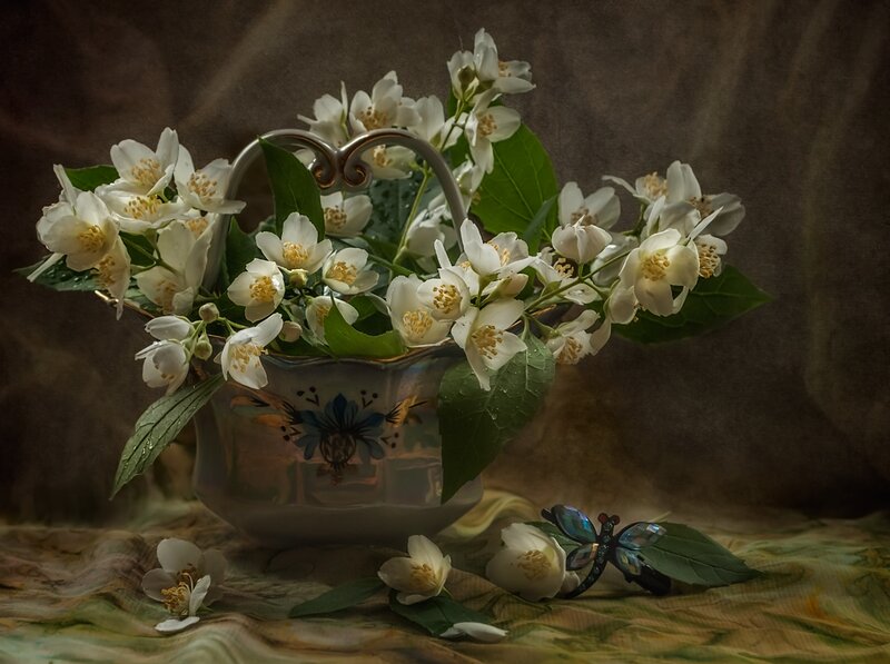 Jasmine Flowers in Basket — White