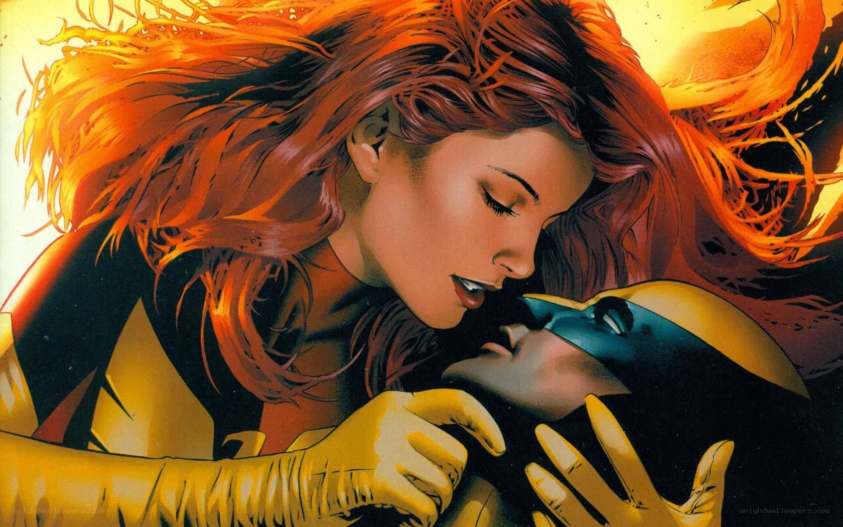 Jean Grey and Wolverine embrace
