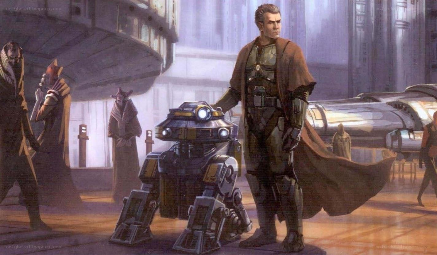 Jedi and droid on a spaceport
