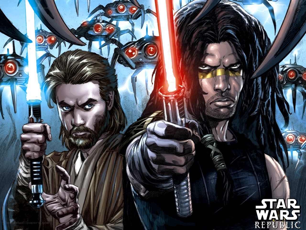 Jedi and Sith duel with droids
