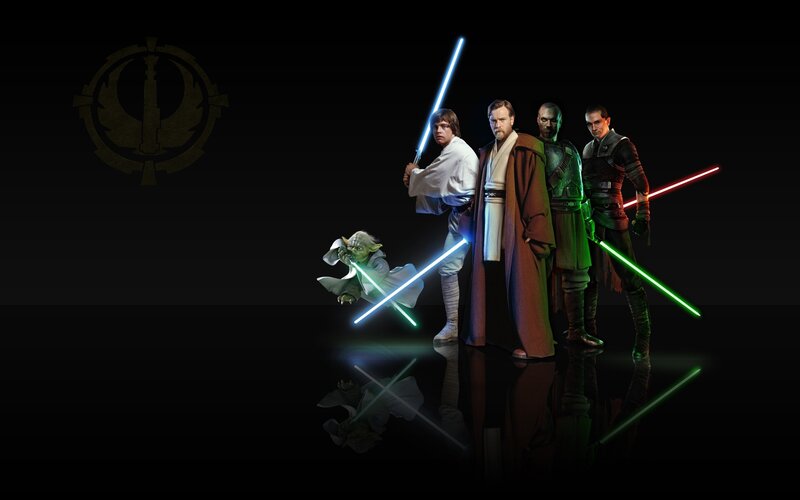 Jedi characters with lightsabers