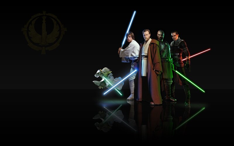 Jedi characters with lightsabers