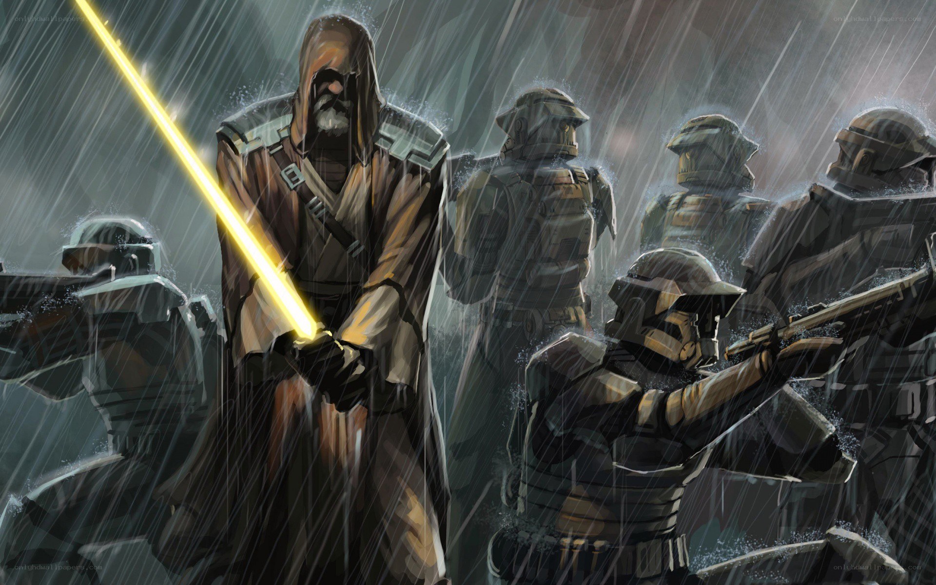 Jedi in the rain with clone troopers