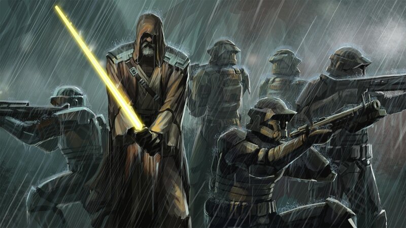 Jedi with Lightsaber — Gray, Dramatic, Night, Digital Art, Soldiers