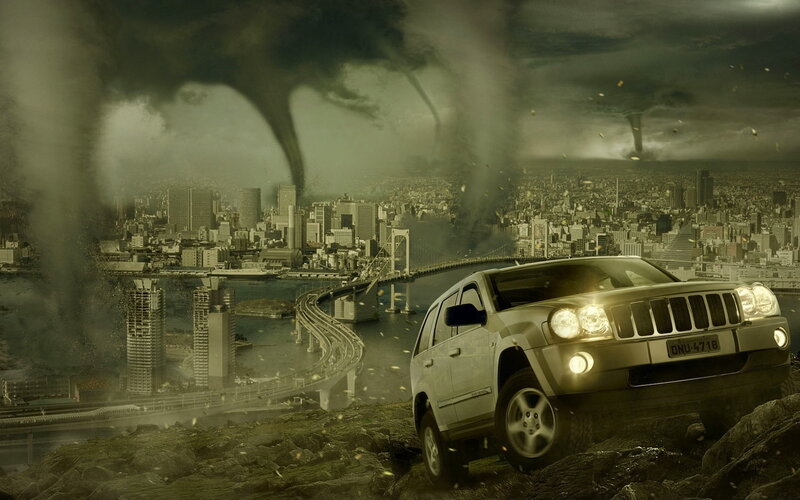 Jeep in a stormy city