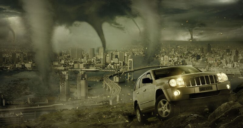 Jeep in a stormy city