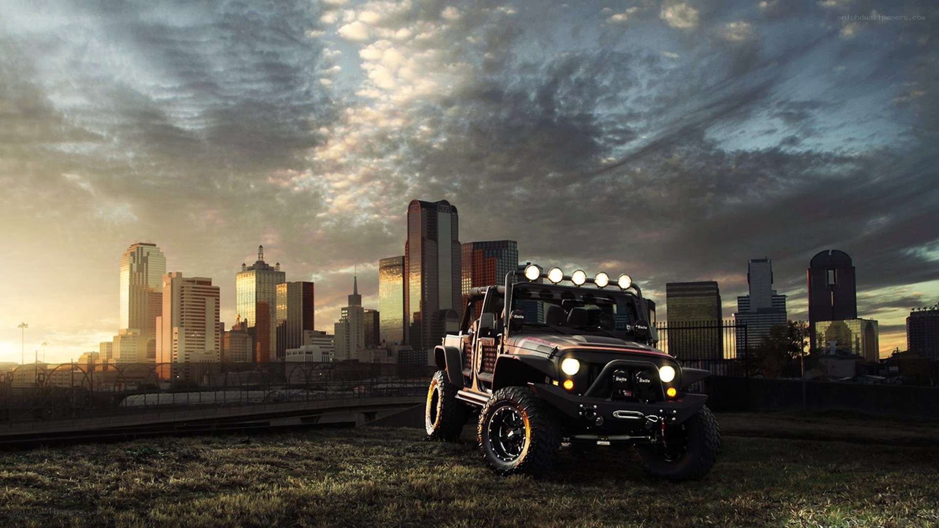 Jeep in city at sunset