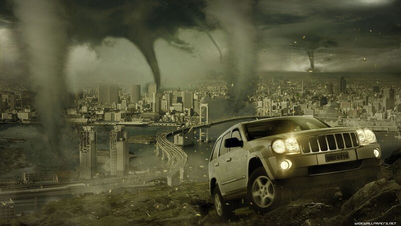 Jeep in Storm — Gray, Dramatic, Digital Art, Tornadoes