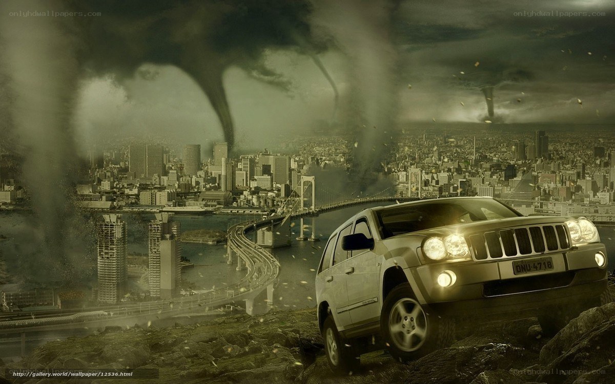 Jeep in stormy city