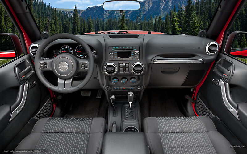 Jeep interior with mountain view