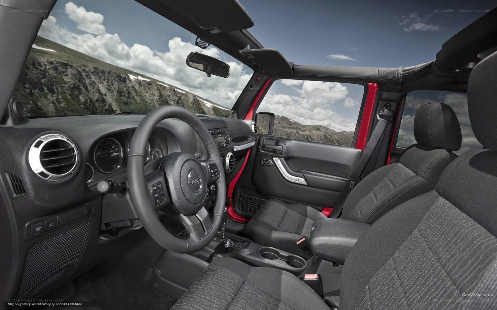 Jeep interior with mountain view