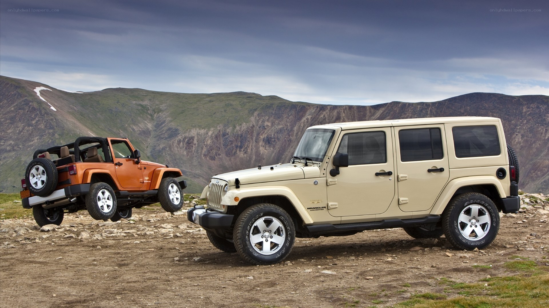 Jeeps in mountain landscape