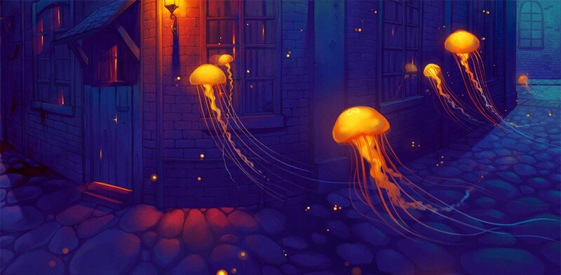 jellyfish in a cobblestone alley