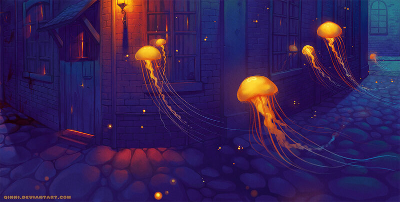 Jellyfish in a cobblestone alley