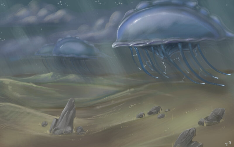 Jellyfish in a stormy landscape