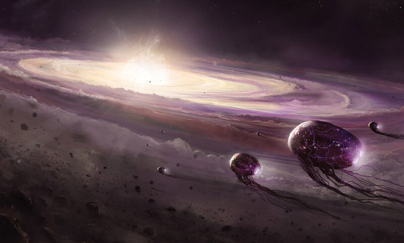 Jellyfish-like Creatures — Purple, Dramatic, Digital Art, Galaxy