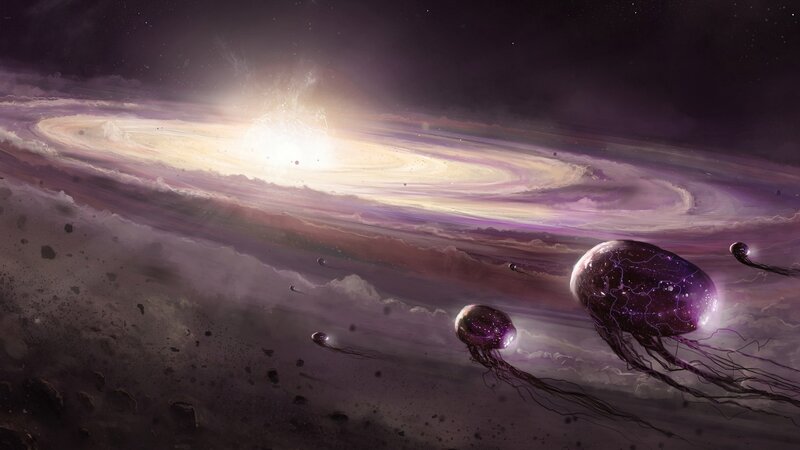 Jellyfish-like Creatures — Purple, Dramatic, Digital Art