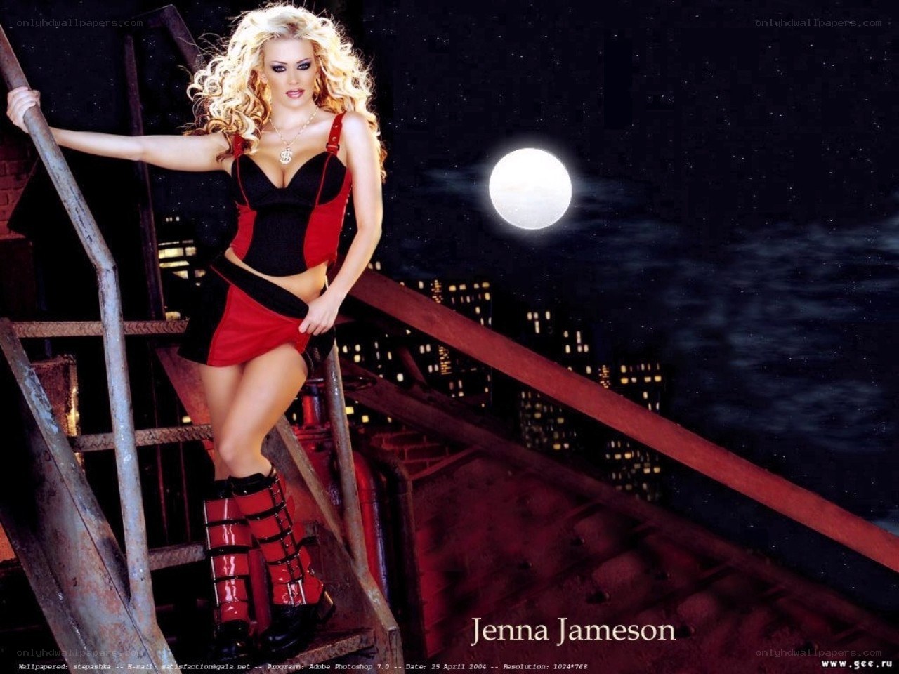 Jenna Jameson on rooftop at night