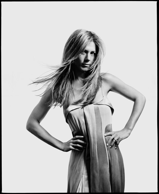 Jennifer Aniston in a black and white portrait