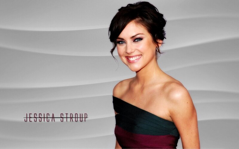 Jessica Stroup in a strapless dress