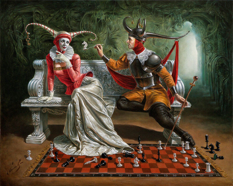 Jester and Knight Playing Chess