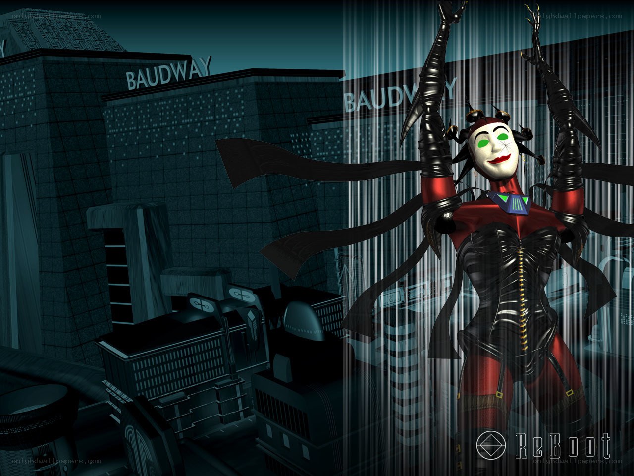 jester character in cityscape