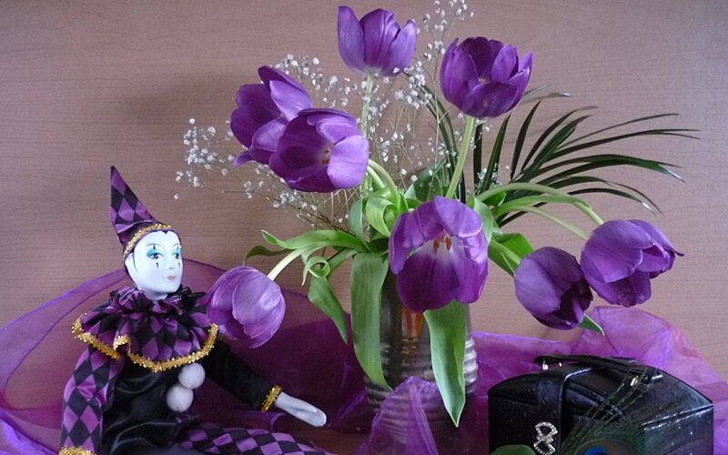 Jester Doll with Purple Tulips — Still Life