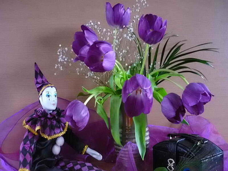 Jester Doll with Purple Tulips