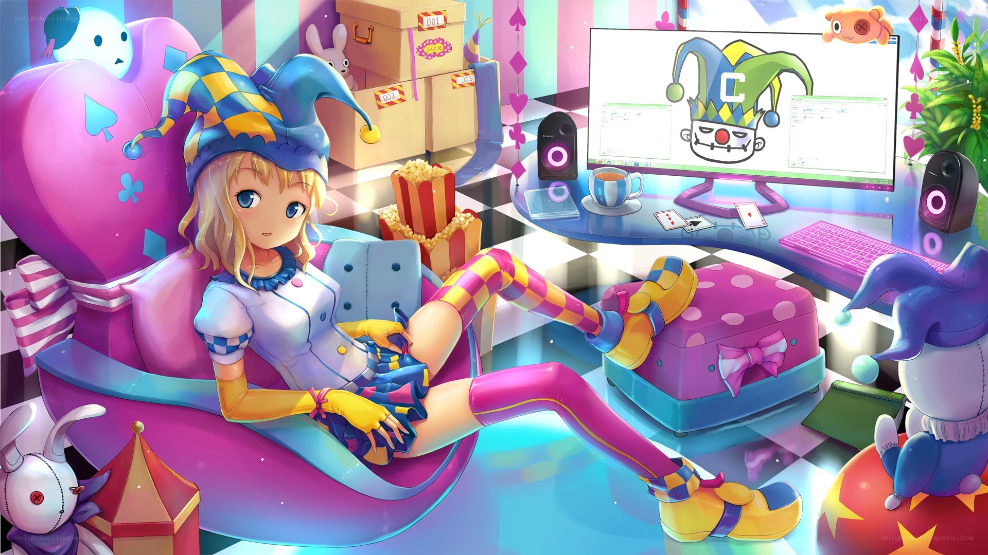 jester girl at computer desk