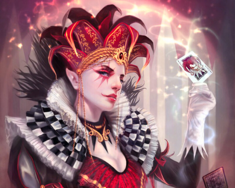 Jester Woman Holding Card