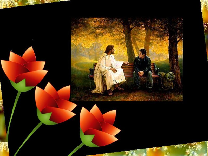 Jesus and a man on a bench