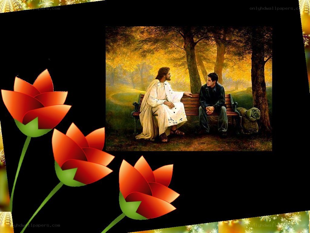 Jesus and a man on a bench