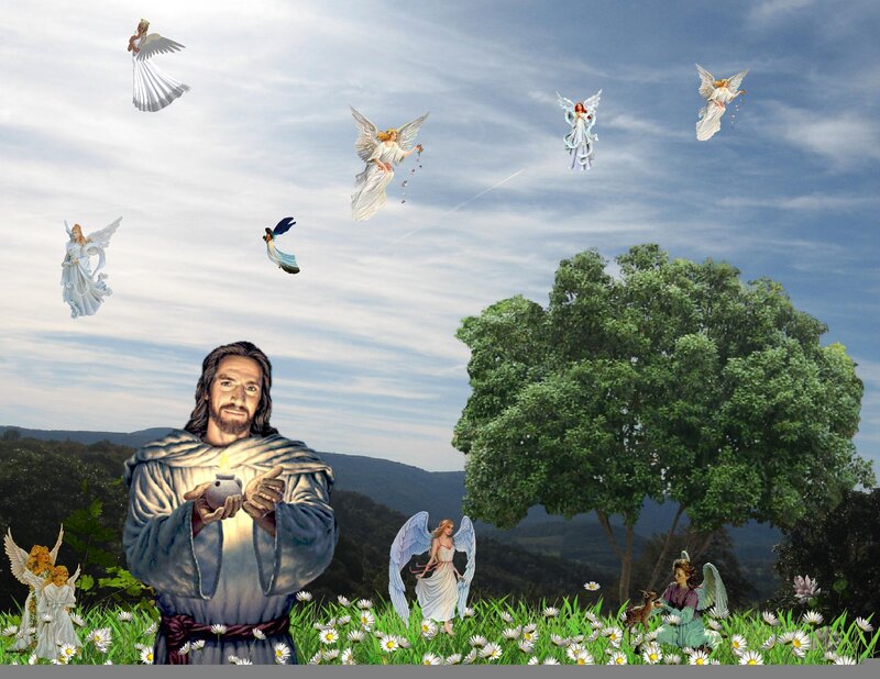 Jesus and angels in a field