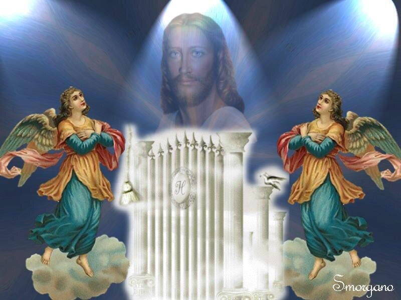 Jesus and angels on clouds