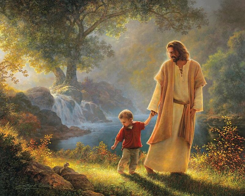 Jesus and Child Walking — Green