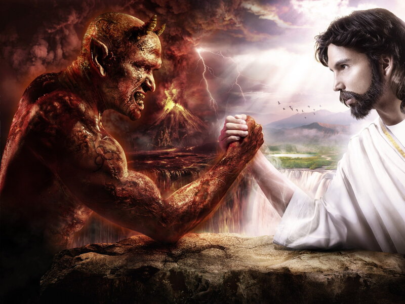 Jesus and Demon Arm Wrestling — Red, Dramatic