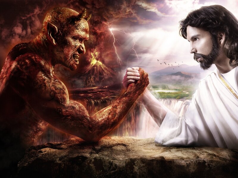 Jesus and Demon Arm-wrestling — Red