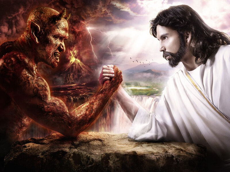 Jesus and Devil Arm Wrestling — Red, Dramatic, Digital Art